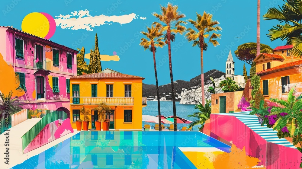 abstract collage of a summer with the sea, palm trees and colorful buildings abstract collage of a summer with the sea, palm trees and colorful buildings