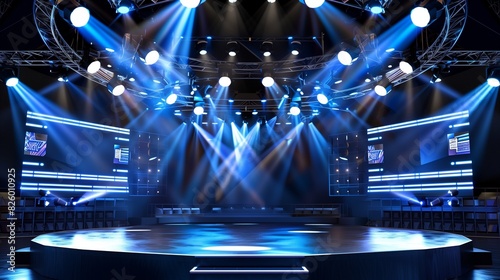 A state-of-the-art concert stage for live streaming, equipped with vibrant spotlights, interactive digital screens, and a polished, modern design.