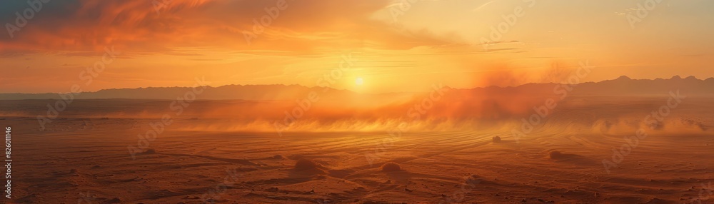 The setting sun casts a golden glow on the vast desert landscape. The setting sun casts a golden glow on the vast desert landscape.