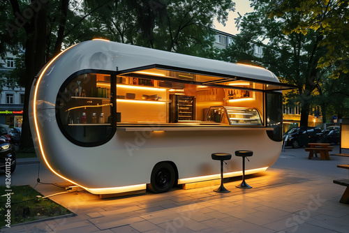 modern food truck with smooth shape, illumination, city park in evening time