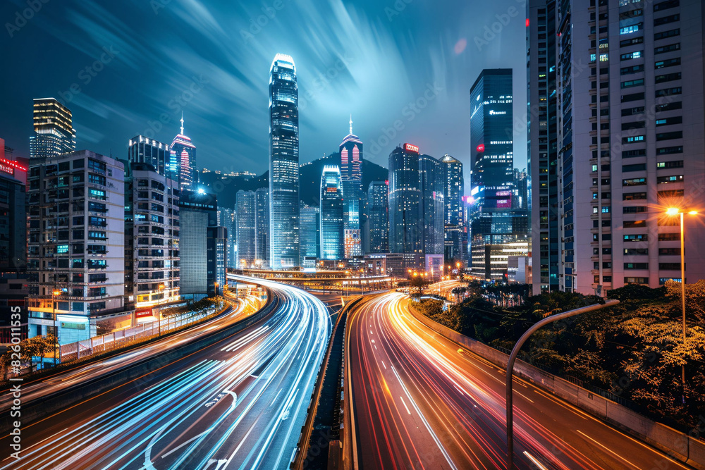Long Exposure Photo of a Highway at Night with Vibrant City Lights and Skyscrapers, Long Exposure Photo of a Busy Urban Highway with Motion Blur During Evening Rush Hou Long Exposure Photo of a Highway at Night with Vibrant City Lights and Skyscrapers, Long Exposure Photo of a Busy Urban Highway with Motion Blur During Evening Rush Hou