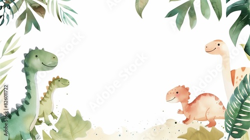 Fototapeta Naklejka Na Ścianę i Meble -  A charming white page bordered with watercolor baby dinosaurs and tropical leaves, designed in the style of a children's book.