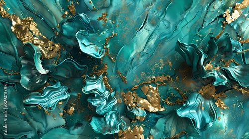 Abstract art installations in teal and gold, inspiring imagination and creativity.