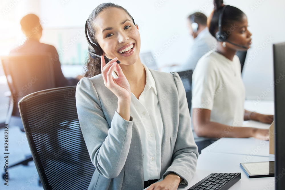 Female agent, portrait and telemarketing in call center for communication, crm and consulting in office. Woman, telecommunication and happy for support with online advice, customer care and headset