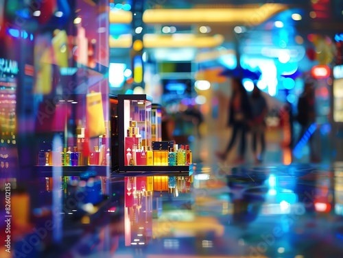 Colorful blurred abstract image of a brightly lit shopping mall with focus on perfume bottles in a display case.