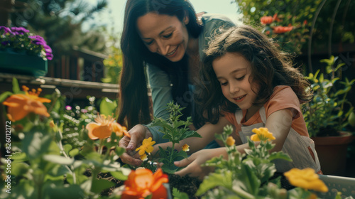 Bright moment of learning as a mother teaches her child gardening.