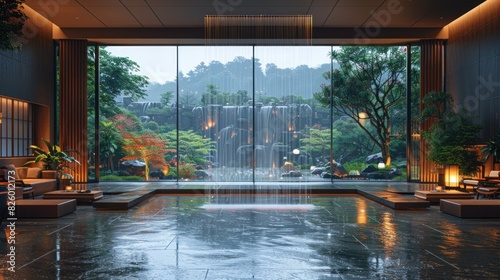 Illustrate a luxury hotel lobby with panoramic windows revealing a cityscape and beautiful rain