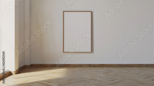 Empty room with a blank frame on a white wall and a plywood floor. High-definition 3D render, ultra realistic.