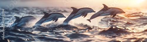 A pod of graceful dolphins leaping out of the glistening ocean waters under a vibrant tropical sunset photo