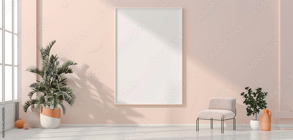 Blank white wall mockup in gallery with peach accents, modern gallery concept, Blank white wall mockup in gallery with peach accents, modern gallery concept,