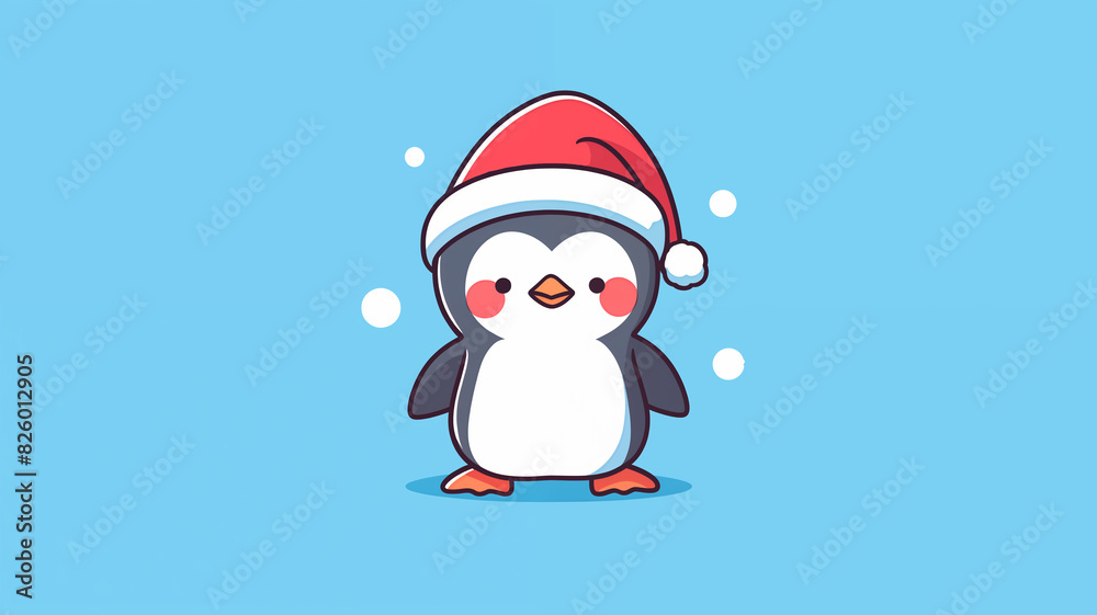Hand drawn cartoon penguin illustration wearing Santa hat
