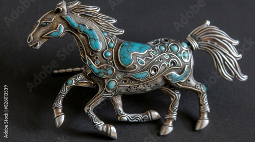 A stunning silver and turquoise brooch in the shape of a galloping horse intricately detailed with Native Americaninspired patterns. photo