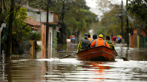 Rescue workers in boats and rafts help victims of flooding after heavy rains and floods.