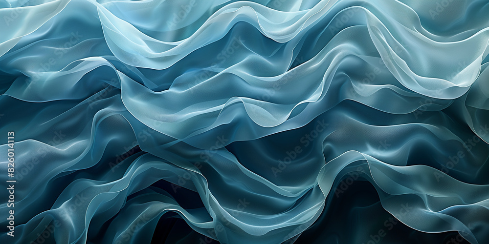 Close-up of light blue, wavy fabric layers with a silky texture, creating an undulating pattern that evokes an oceanic feel Close-up of light blue, wavy fabric layers with a silky texture, creating an undulating pattern that evokes an oceanic feel