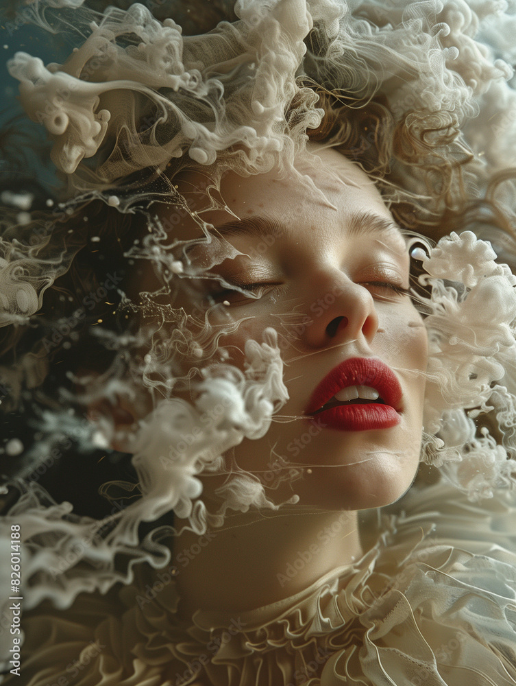 Fototapeta premium A creative portrait featuring a person with the central part of the face and body artistically obscured by a blurred rectangle, set against an ethereal backdrop