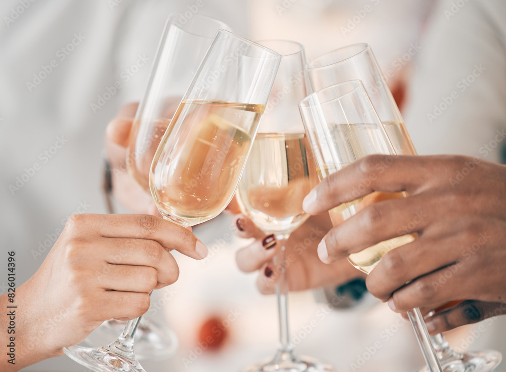 Hands, toast or business people in office party in celebration of target or success, support or growth. Champagne, bonus and cheers with team, wine glass or group of friends at work for winning goal