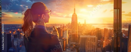 Businesswoman looking at cityscape from high-rise office window during sunset, symbolizing ambition and future growth opportunities.