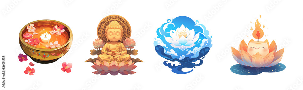 Collection of Vesak symbols illustrations, isolated on transparent background. Buddhist culture and holiday concept. Design for posters, greeting cards, stickers, t-shirts. Collection of Vesak symbols illustrations, isolated on transparent background. Buddhist culture and holiday concept. Design for posters, greeting cards, stickers, t-shirts.