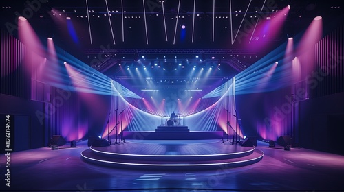 Innovative stage setup for a live concert broadcast, incorporating multi-dimensional visual effects, synchronized lighting, and high-fidelity sound equipment for an exceptional online experience. photo