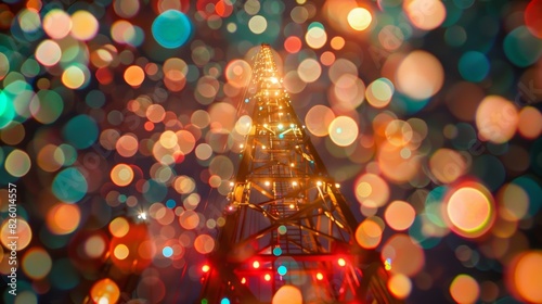 The oil derrick is surrounded by a sea of ling lights a surreal sight against the blackness of nighttime. © Justlight