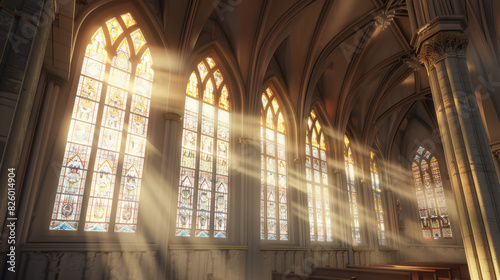 Sunbeams filter through stained glass  bathing a church interior in ethereal light.