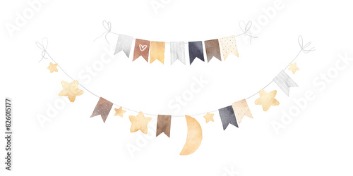 Wallpaper Mural Cute garland of flags, stars and moon. Vintage style. Watercolor illustration. Decor for a children's room. Torontodigital.ca