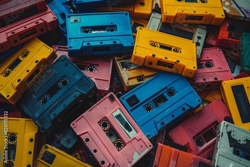A stack of colorful cassette tapes piled on top of each other