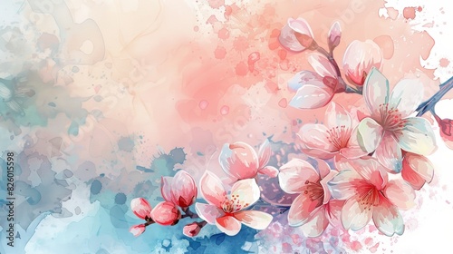 The image is a watercolor painting of pink and white cherry blossoms against a pale pink background