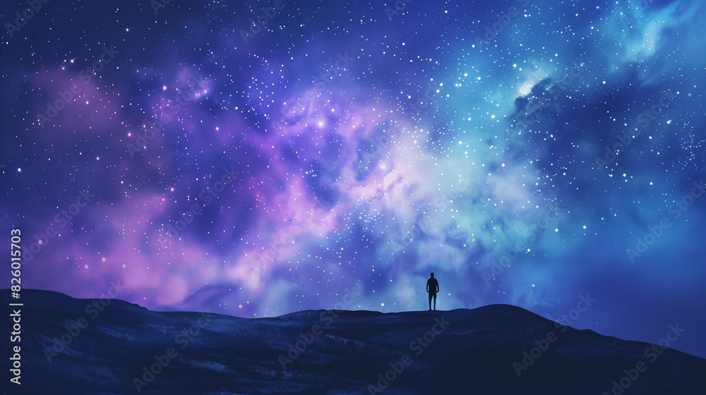 Fototapeta premium Person silhouetted against a vibrant Milky Way galaxy in a starry night sky