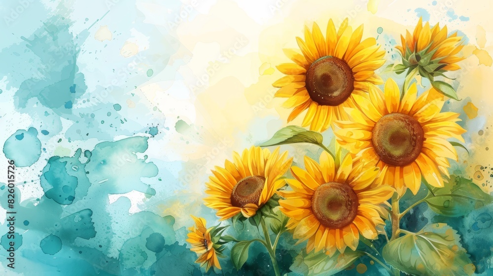 The image is a watercolor painting of sunflowers. The sunflowers are in the front with shades of yellow, orange and green. The background is a blue watercolor wash. The image is a watercolor painting of sunflowers. The sunflowers are in the front with shades of yellow, orange and green. The background is a blue watercolor wash.