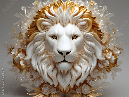 portrait of a lion head ,lion head on a white background ,  luxury living room ,luxury interior room ,modern living room with sofa and lion on wall