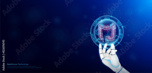 Health care technology innovation. Intestine human organ inside hexagon sphere transparent and medical icon on doctor assistant robot hand. Medical science banner with empty space for text. Vector.
