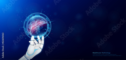 Health care technology innovation. Liver human organ inside hexagon sphere transparent and medical icon on doctor assistant robot hand. Medical science banner with empty space for text. Vector EPS10.