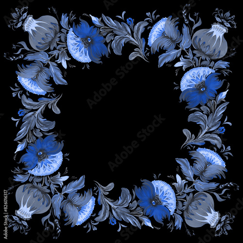 Hand drawn Floral pattern for shawl  carpet  bandana  tile with blue colored flowers  leaves  branches on a black background