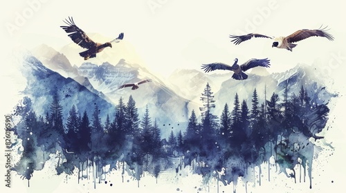 The majestic flight of the eagles over the mountain range is a symbol of freedom and power. photo