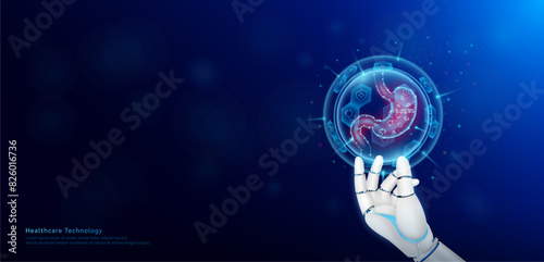 Health care technology. Stomach human organ inside hexagon sphere transparent and medical icon on doctor assistant robot hand. Medical science banner with empty space for text. Vector EPS10.