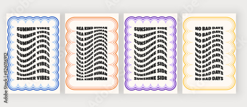 Geometric groovy frames with motivational wavy text and colorful lines. Vector design for cards, banners, invitations
