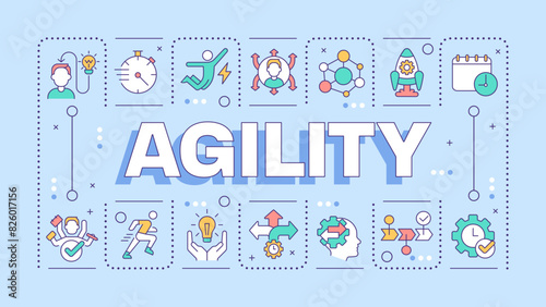 Agility light blue word concept. Business methodology. Project management. Process improvement. Typography banner. Vector illustration with title text, editable icons color. Hubot Sans font used