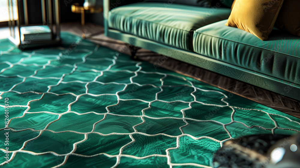 Obraz premium a chic emerald green area rug adorned with subtle charcoal gray geometric patterns