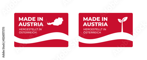 A set of rectangular Made in Austria label stickers with a map and flag of Austria isolated on a white background. Banner, sign, template. Vector illustration