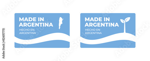 A set of rectangular Made in Argentina label stickers with a map and flag of Argentina isolated on a white background. Banner, sign, template. Vector illustration