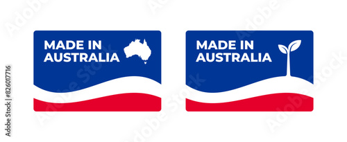 A set of rectangular Made in Australia label stickers with a map and flag of Australia isolated on a white background. Banner, sign, template. Vector illustration