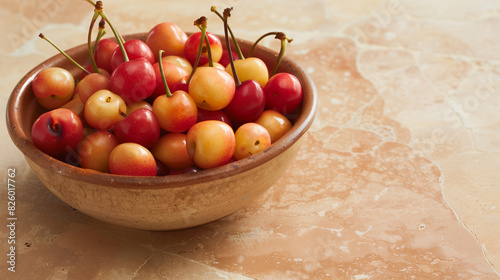 Bowl of fresh cherries on a sunlit tile table with dappled shadows