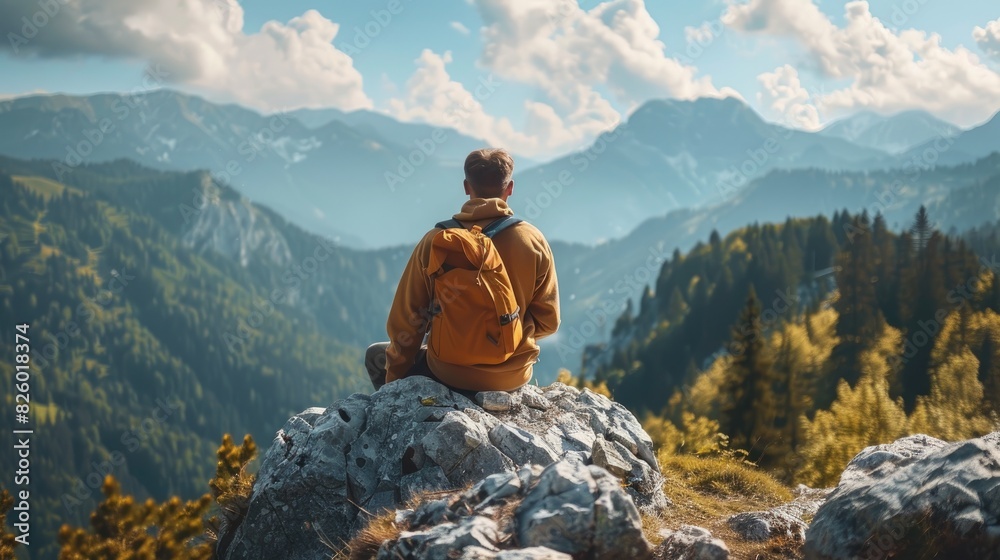 A person with a yellow backpack sits on a rocky outcrop, gazing at a scenic mountain landscape under a partly cloudy sky. practicing mindfulness while hiking, taking in scenic views and fresh air. A person with a yellow backpack sits on a rocky outcrop, gazing at a scenic mountain landscape under a partly cloudy sky. practicing mindfulness while hiking, taking in scenic views and fresh air.