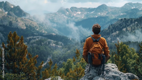 A person with a yellow backpack sits on a rocky outcrop, gazing at a scenic mountain landscape under a partly cloudy sky. practicing mindfulness while hiking, taking in scenic views and fresh air.