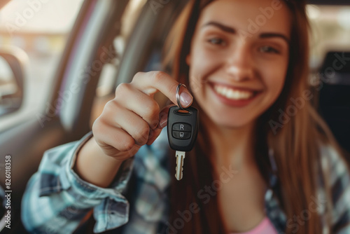 Smiling Young Woman Holding Car Key in a Car.