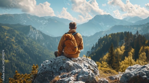 A person with a yellow backpack sits on a rocky outcrop, gazing at a scenic mountain landscape under a partly cloudy sky. practicing mindfulness while hiking, taking in scenic views and fresh air.