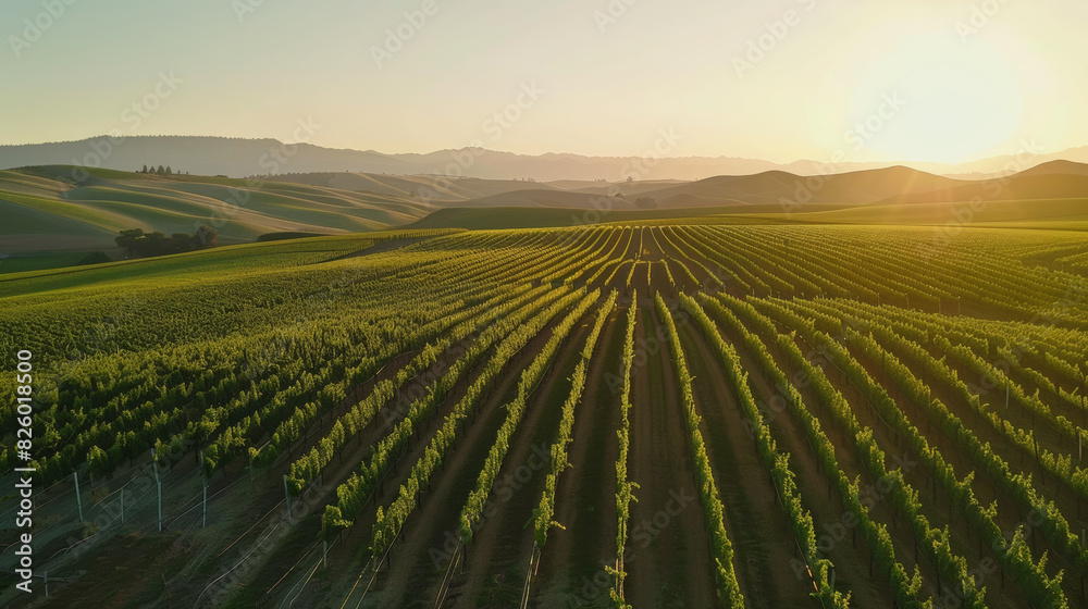 Sun kisses the horizon over a lush vineyard, rows undulating with the rolling hills. Sun kisses the horizon over a lush vineyard, rows undulating with the rolling hills.