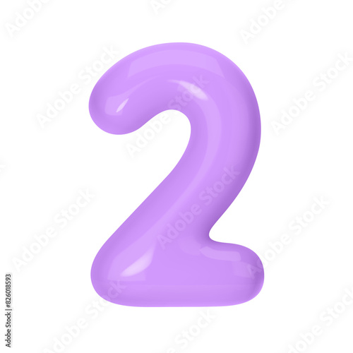 Numeral 2 - Violet Plastic Balloon Number Two Isolated on White Background. 3D Style Vector Illustration