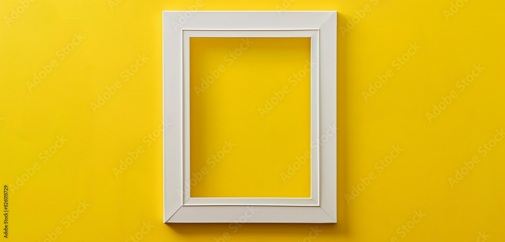 White frame for paintings or photographs on mellow maize yellow background, minimalist exhibition concept, White frame for paintings or photographs on mellow maize yellow background, minimalist exhibition concept,